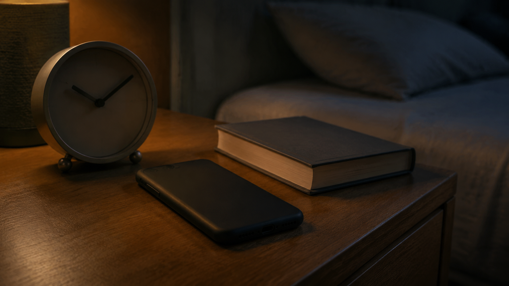 Un téléphone posé écran contre une table de chevet la nuit, à côté d'un réveil et d'un livre