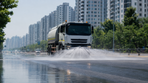 Camion municipal arrosant une large avenue goudronnée d'une ville est-asiatique en plein midi, air déformé par la chaleur au-dessus de la chaussée, tours d'habitation à l'arrière-plan.