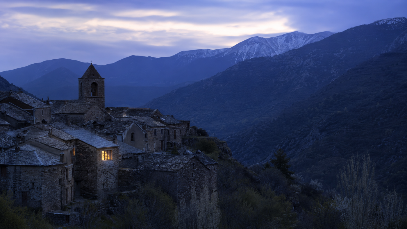 Petit village de pierre perché dans la montagne des Pyrénées, toits d'ardoise et clocher, une fenêtre éclairée à la tombée du jour.
