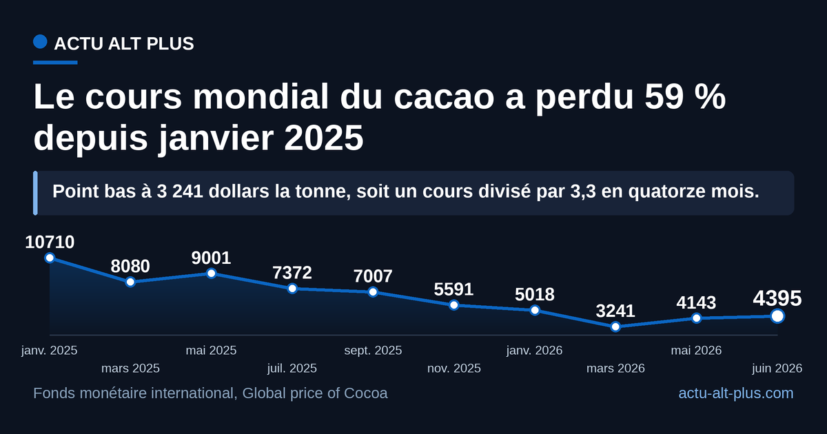 Vue 1 : la matière première. En dix-sept mois, la tonne de cacao passe de 10 710 à 4 395 dollars, avec un creux à 3 241 dollars en mars 2026. Limite : moyennes mensuelles du cours mondial, qui lissent les à-coups quotidiens.
