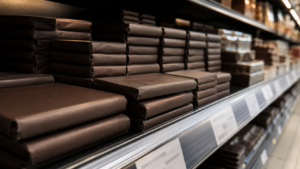 Rayon de supermarché garni de tablettes de chocolat sombres, étiquettes de prix floues et illisibles