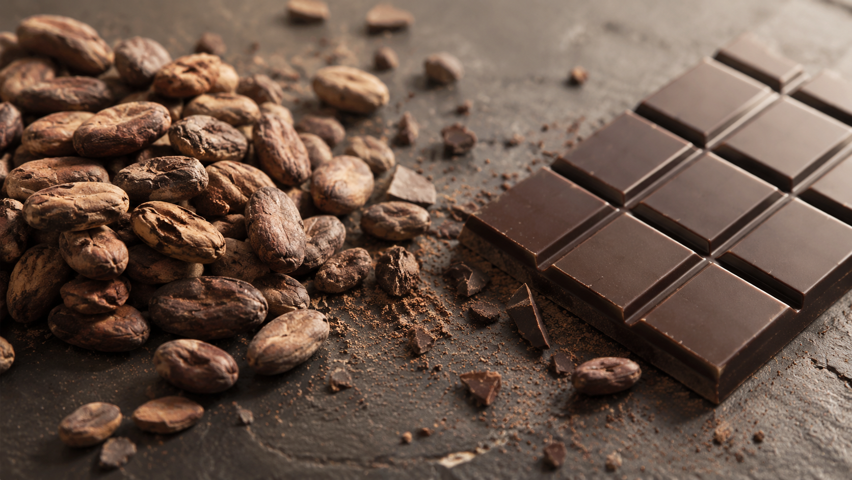Tas de fèves de cacao brutes posé à côté d’une tablette de chocolat noir de 100 grammes cassée en carrés
