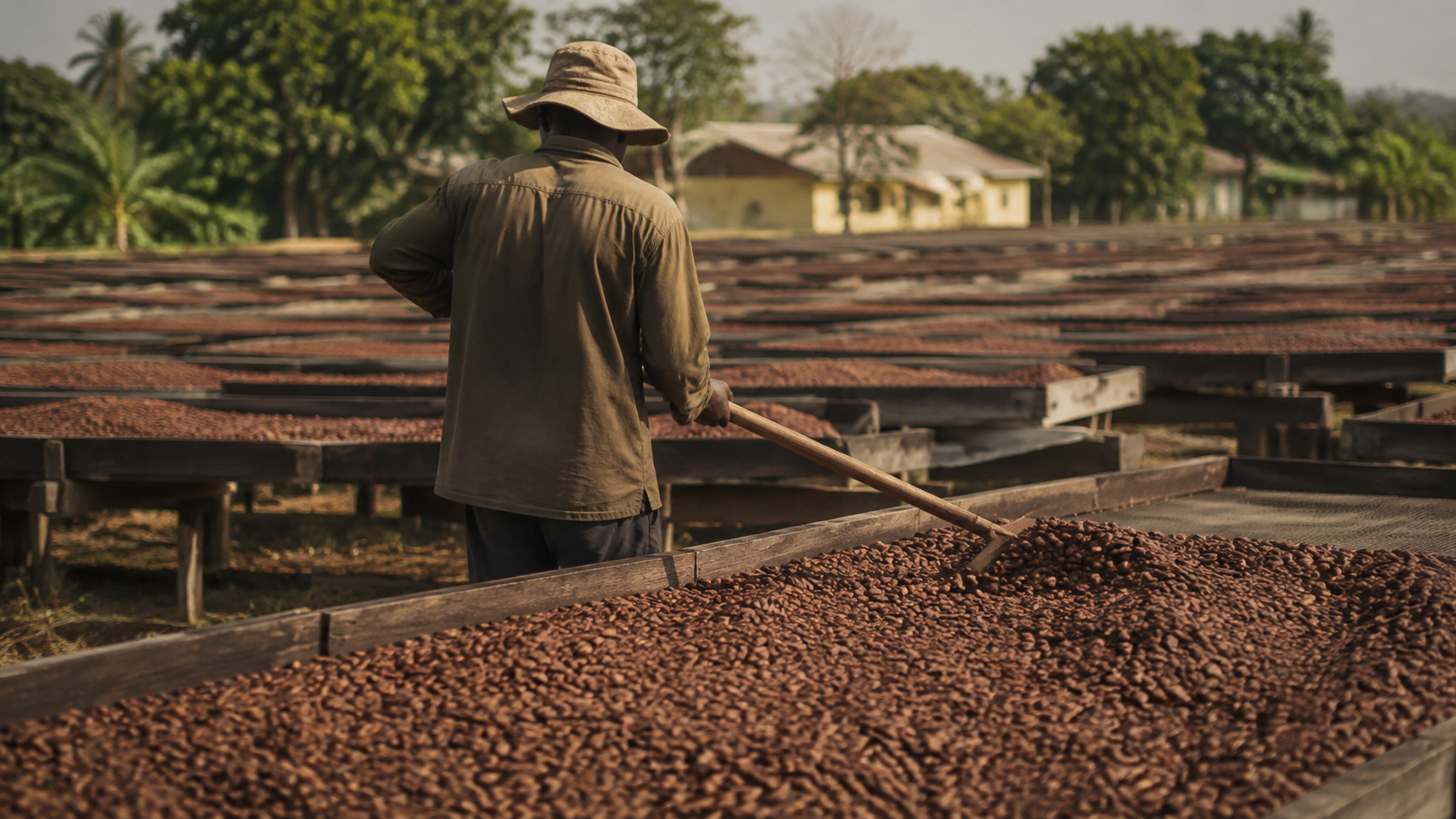 Fèves de cacao séchant sur des claies de bois au soleil, un planteur vu de dos les ratissant