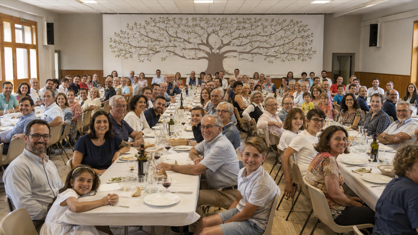 Longues tablées dans une salle des fêtes de village, un arbre généalogique imprimé déroulé le long du mur du fond.