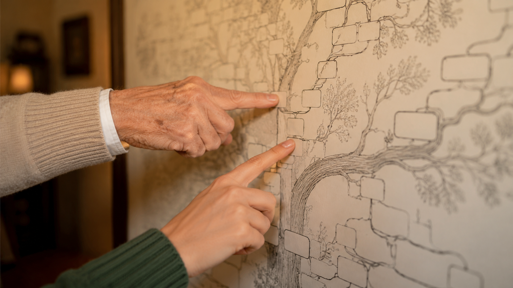Une main âgée et une main jeune suivent la même branche sur un long arbre généalogique affiché au mur.