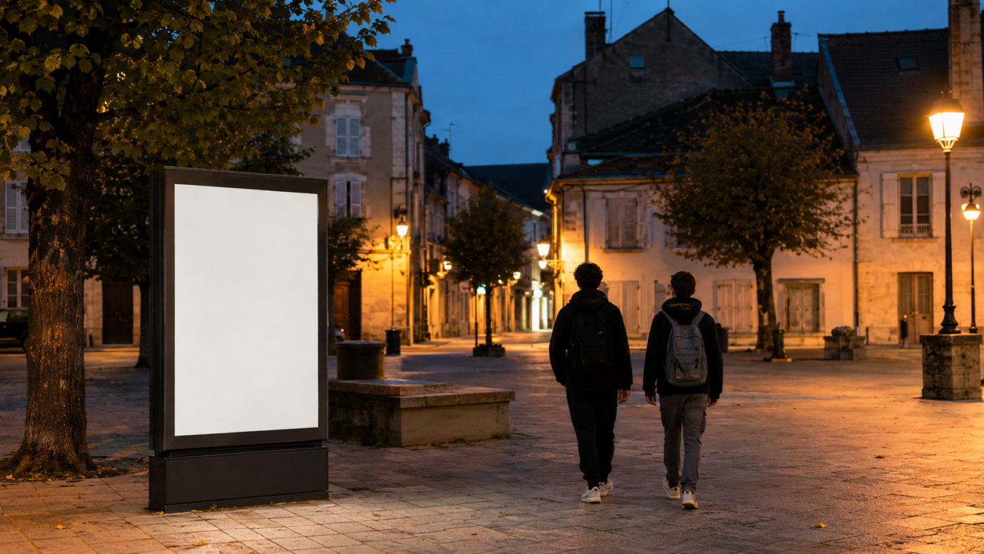 Place de centre-ville française à la tombée de la nuit, panneau d'affichage municipal et deux adolescents vus de dos qui s'éloignent.