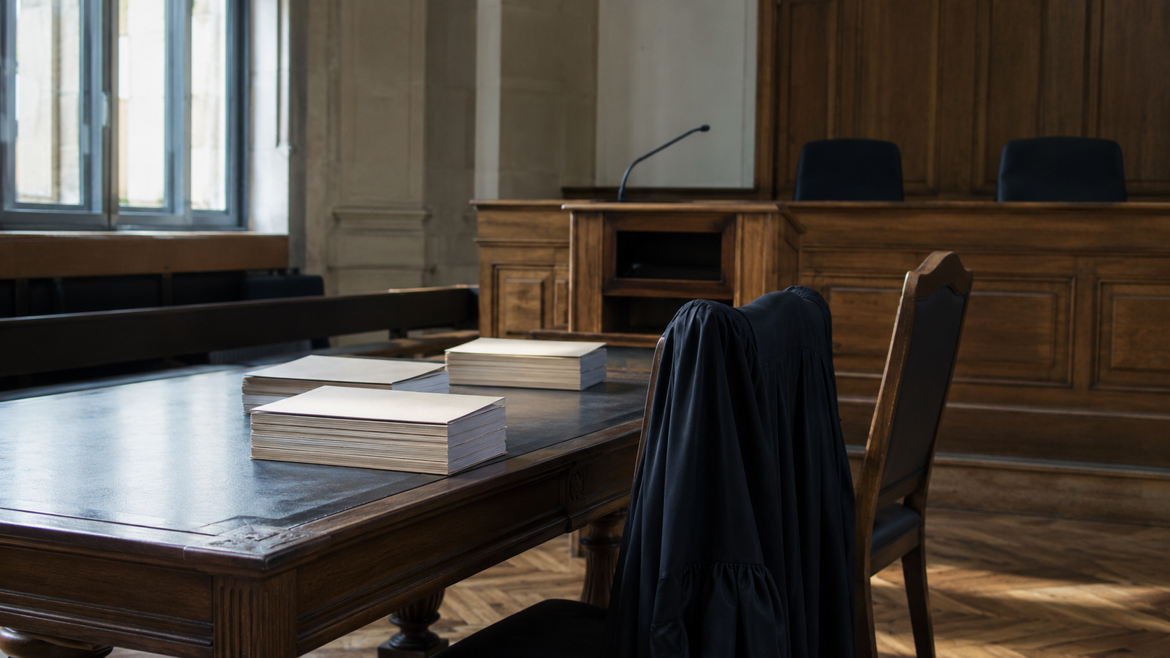 Salle d'audience d'un tribunal administratif français, dossiers de papier empilés sur une table et robe noire posée sur une chaise.
