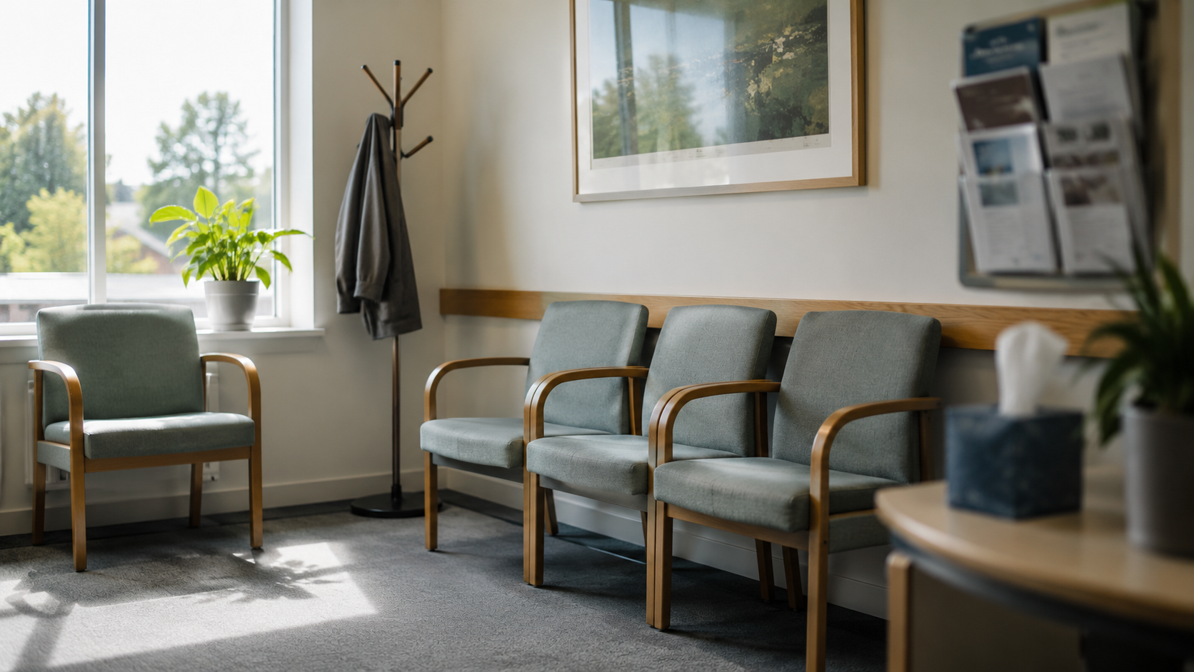 Une salle d’attente de cabinet médical vide, éclairée par la lumière du jour.