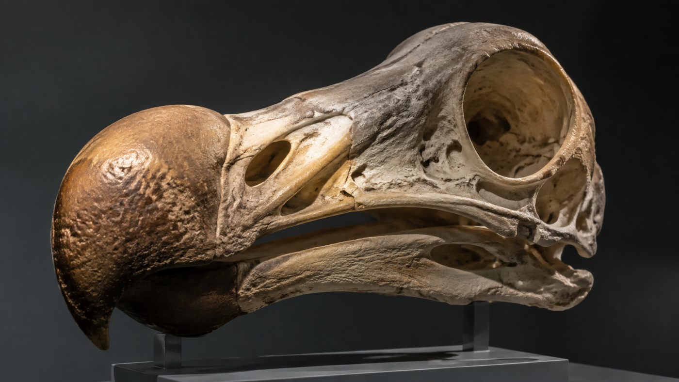 Crâne d’oiseau massif au bec large et crochu posé sur un socle gris neutre, éclairé de côté, fond sombre.