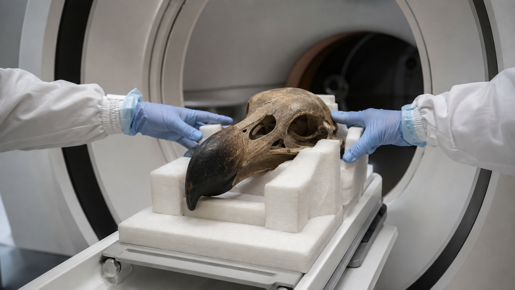 Mains gantées positionnant un crâne d’oiseau dans le berceau d’un scanner de laboratoire, aucun visage visible.