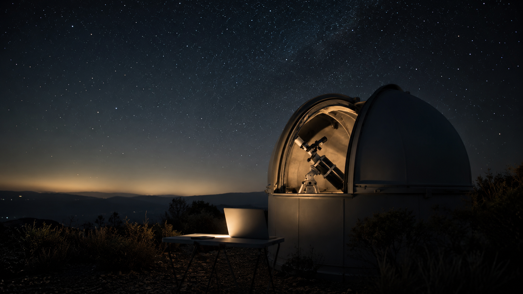 Petite coupole d’observatoire amateur ouverte de nuit sur une colline, télescope pointé vers un ciel étoilé, lueur d’un ordinateur portable sur une table pliante