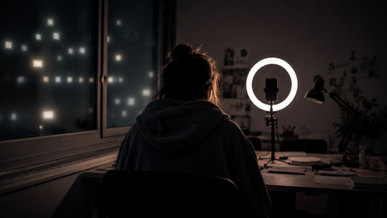 Un créateur de contenu vu de dos, seul à son bureau dans la pénombre, face à un ring light et un smartphone sur trépied, reflets de notifications sur la vitre
