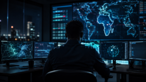 Salle de supervision cybersécurité faiblement éclairée, un analyste vu de dos devant plusieurs écrans de données