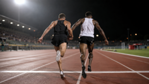 Deux coureurs de fond de dos franchissent la ligne d’arrivée d’un stade d’athlétisme éclairé la nuit, séparés de quelques dixièmes de seconde.