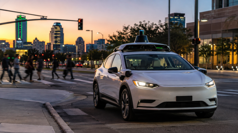 Voiture électrique blanche équipée de capteurs sur le toit, arrêtée à un carrefour urbain au crépuscule, siège conducteur vide, passants flous en arrière-plan.