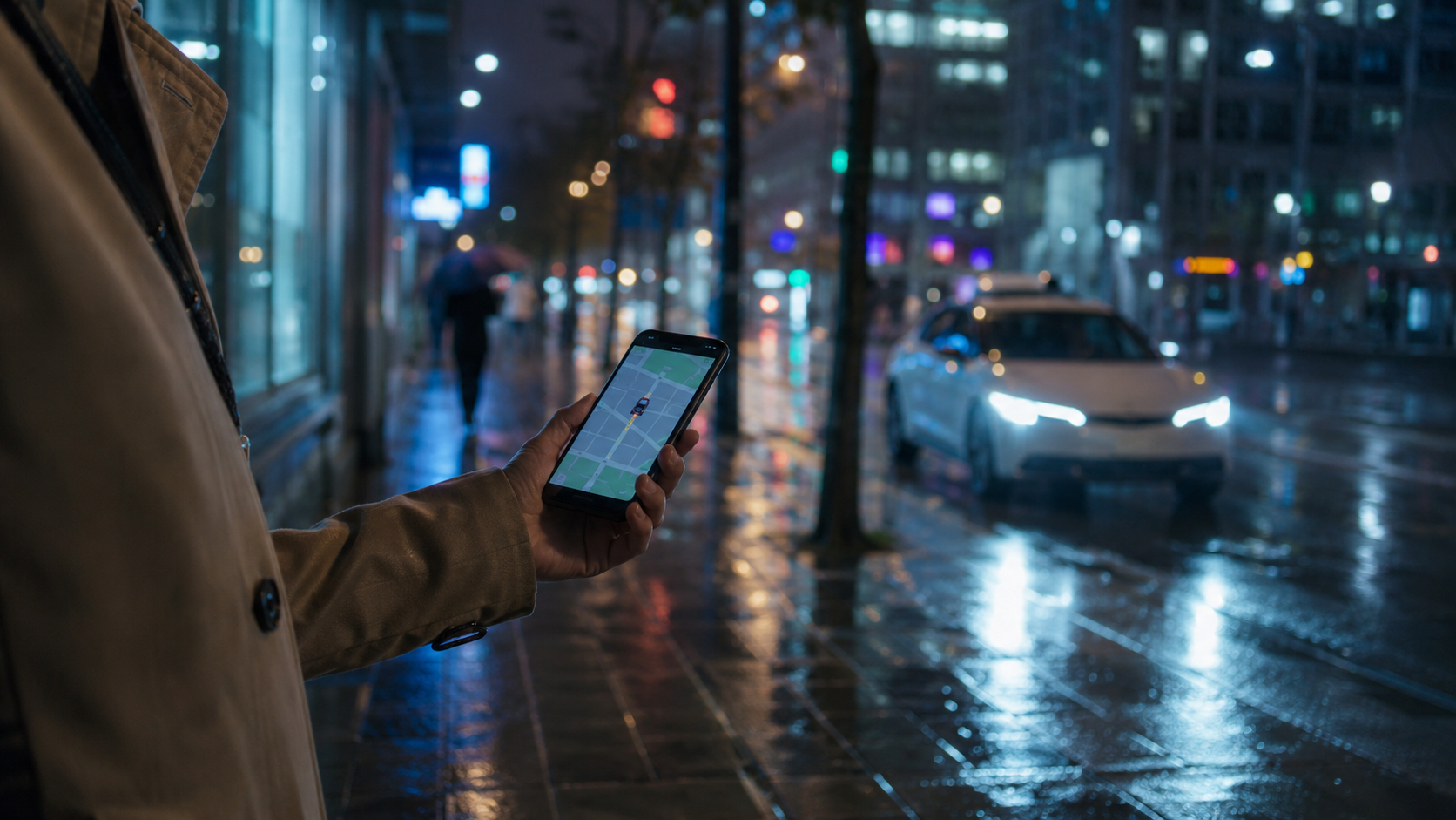 Main tenant un smartphone sur un trottoir mouillé la nuit, écran affichant une carte de trajet et un véhicule en approche.
