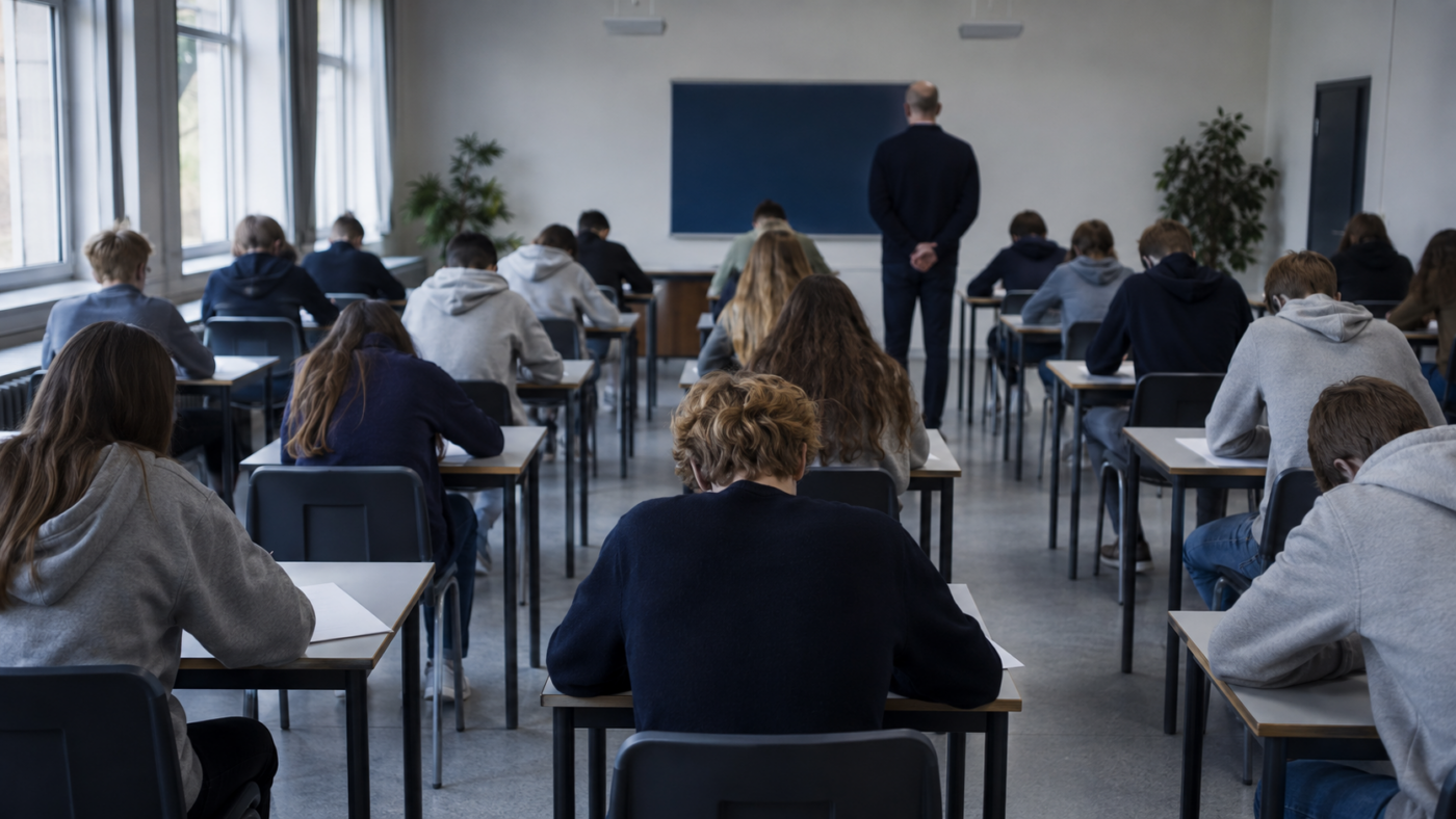 Salle d'examen de lycée vue de dos : des élèves composent sur des copies, un surveillant se tient au fond