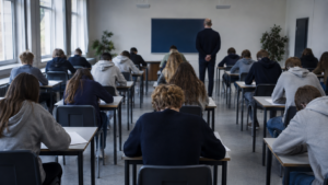 Salle d'examen de lycée vue de dos : des élèves composent sur des copies, un surveillant se tient au fond