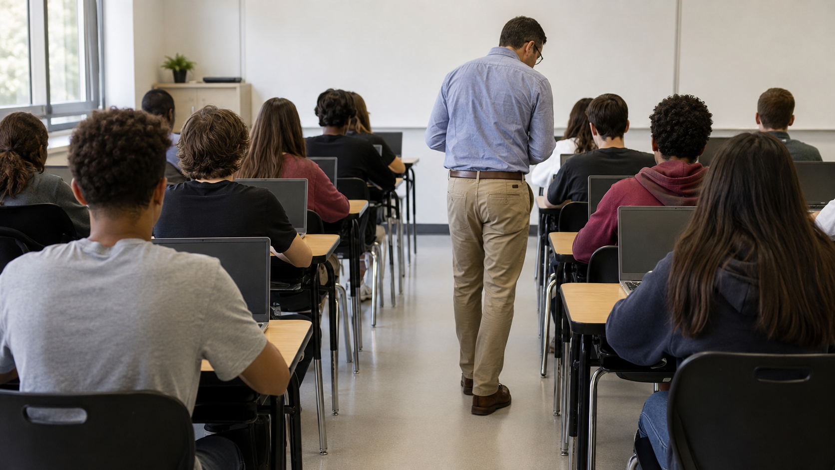 Un enseignant circule entre les rangées et observe les écrans d'élèves de dos travaillant sur ordinateur portable