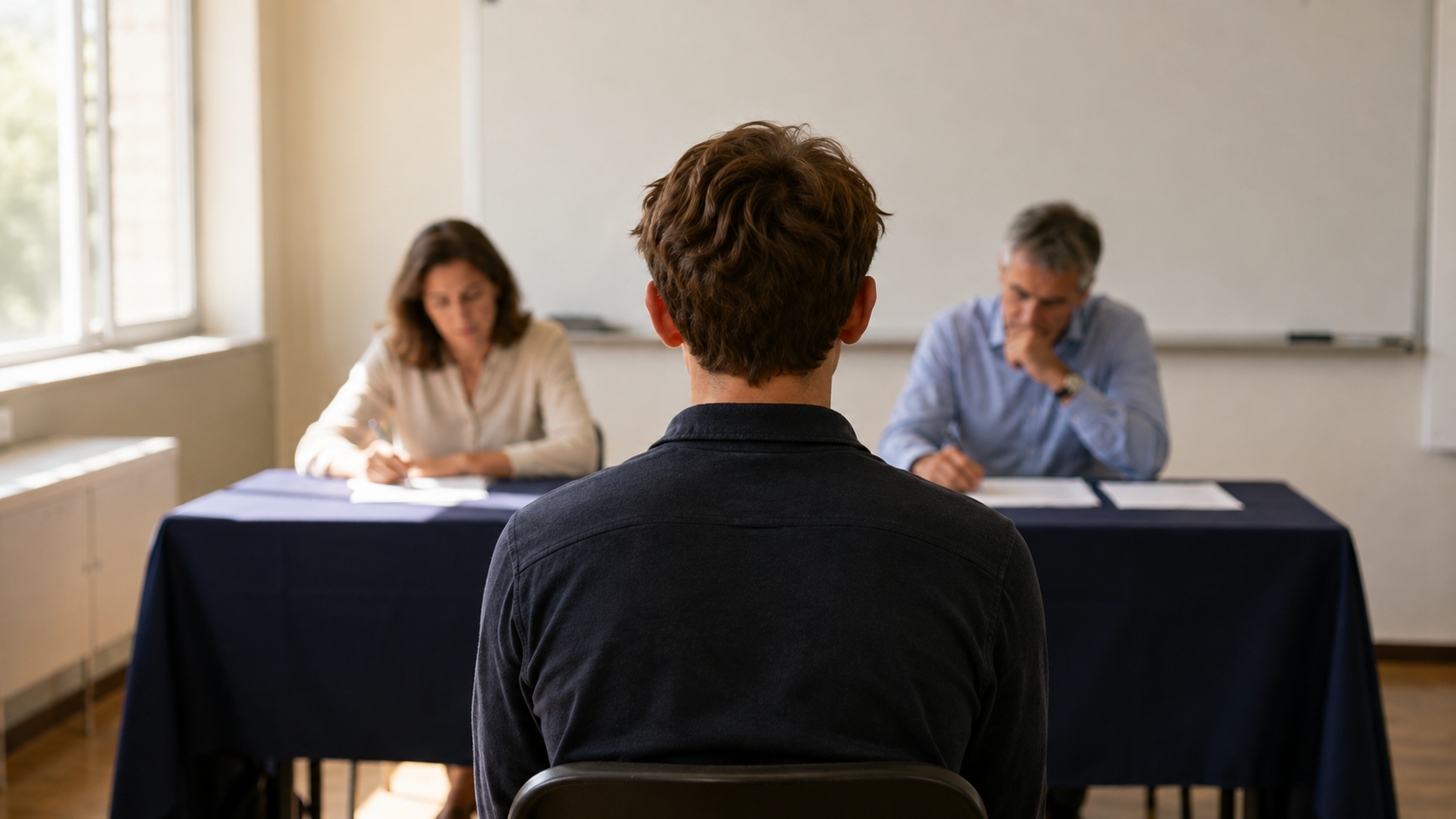Élève de dos face à deux examinateurs assis à une table lors d'une épreuve orale en salle de classe