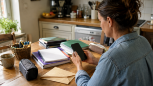 Une adulte, vue de dos, tient un smartphone au-dessus d’une table de cuisine encombrée de cahiers, d’une trousse et d’un courrier, lumière du matin.