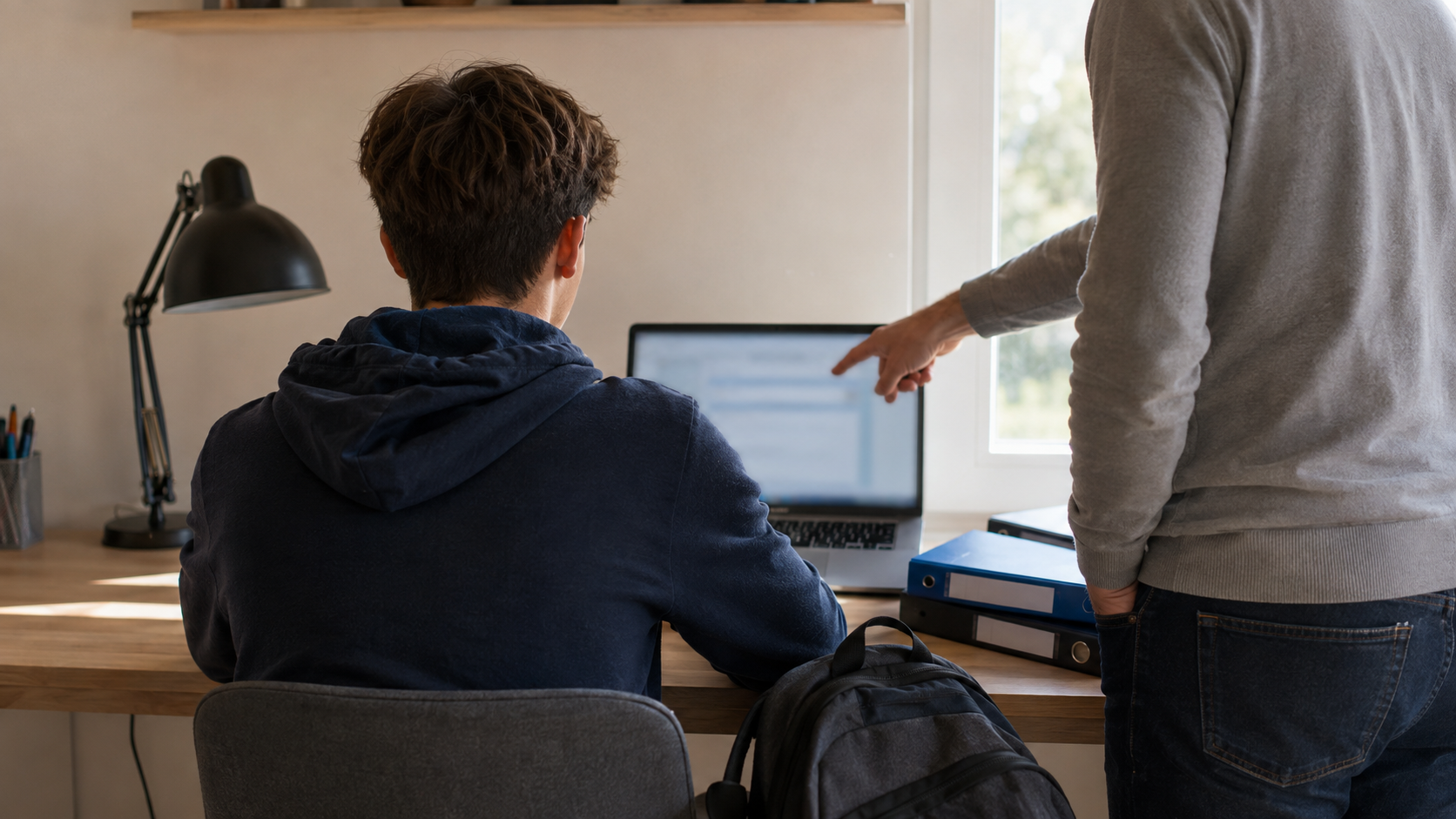 Adolescent vu de dos devant un ordinateur portable ouvert, une main d’adulte désignant l’écran, sac à dos et classeurs posés sur le bureau.
