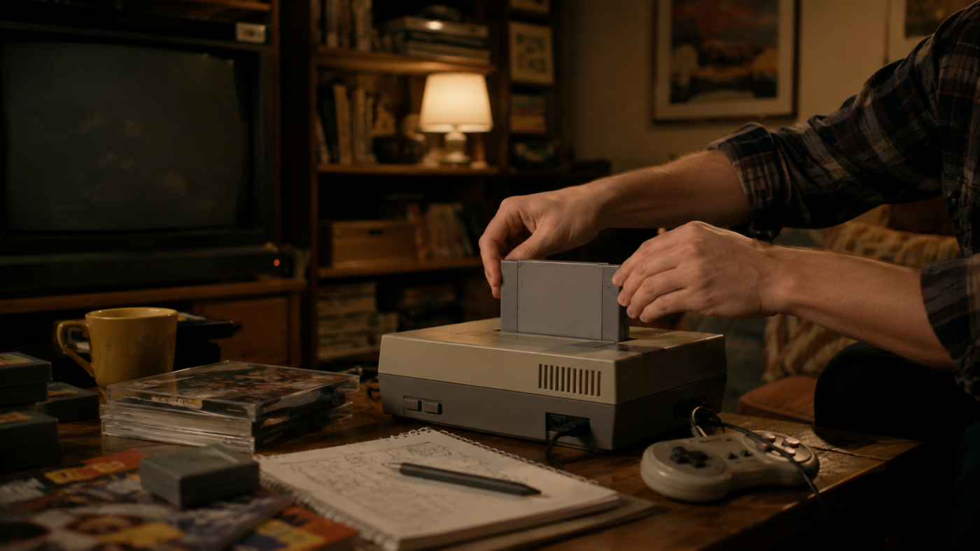 Deux mains glissent une cartouche grise sans marque dans une console de salon des années 1990.
