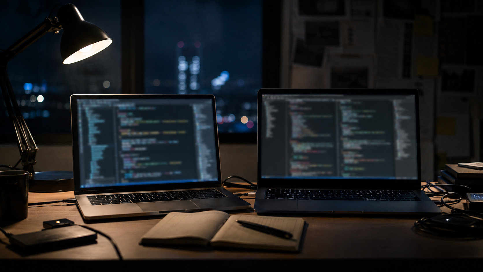 Deux ordinateurs portables ouverts côte à côte sur un bureau de nuit, écrans de code flous.