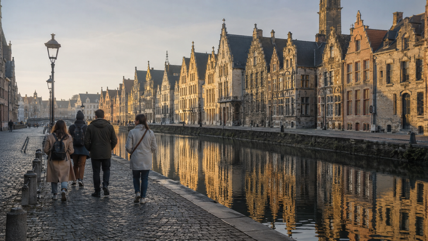 Groupe de visiteurs à la journée marchant le long d'un canal bordé de façades médiévales, au petit matin