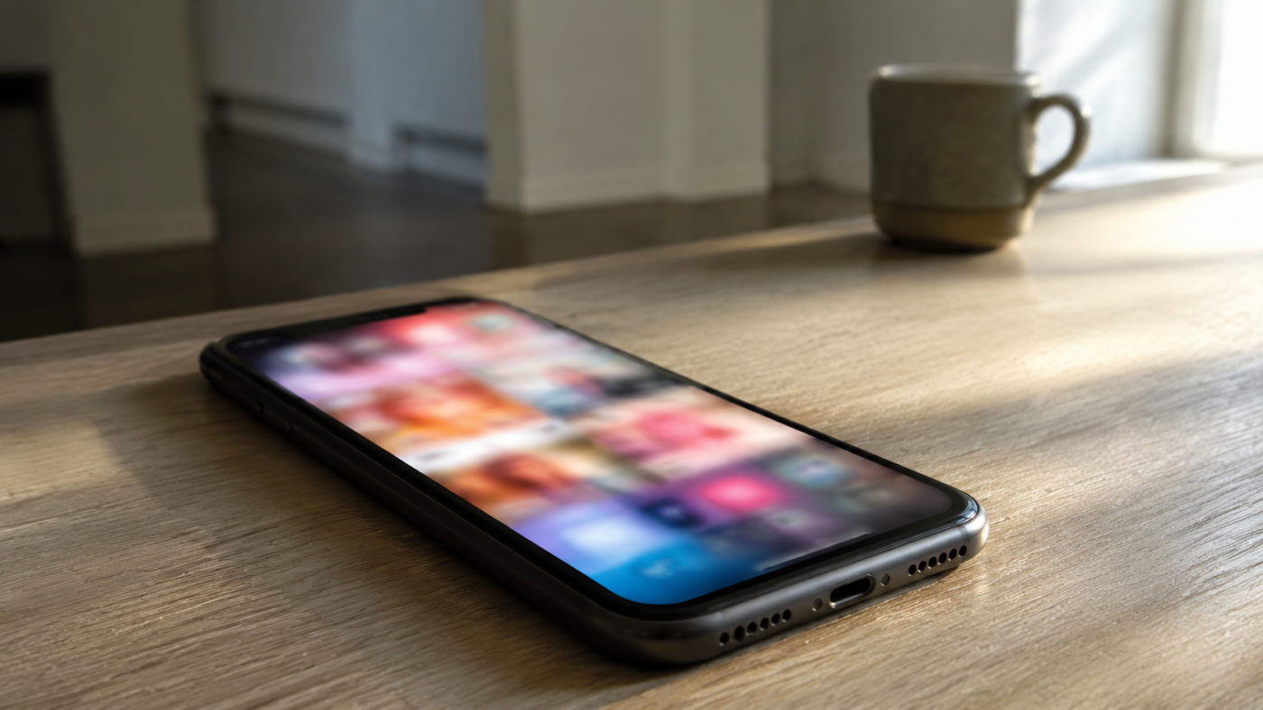 Un smartphone posé sur une table en bois clair, écran allumé sur un fil de vidéos flou, dans la lumière du matin, sans personne autour.