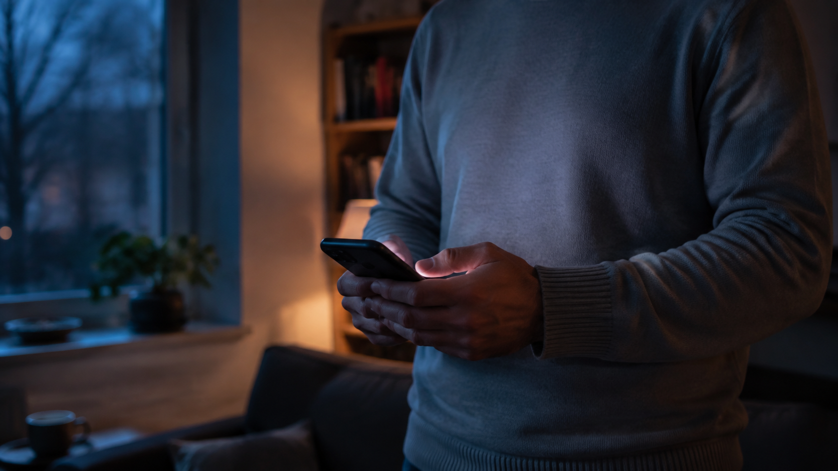 Deux mains anonymes tiennent un smartphone à hauteur de poitrine, cadrage sous le menton, dans un salon au crépuscule.