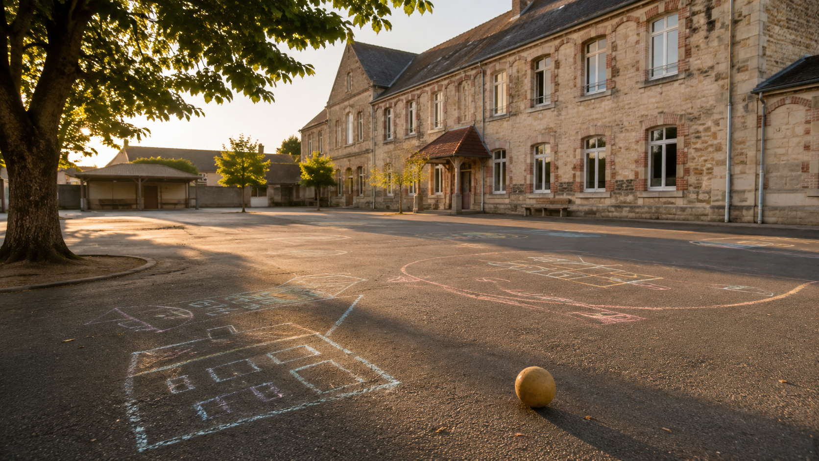 Cour d'école primaire française déserte au petit matin, dessins à la craie et un ballon seul sur le bitume, longues ombres douces.