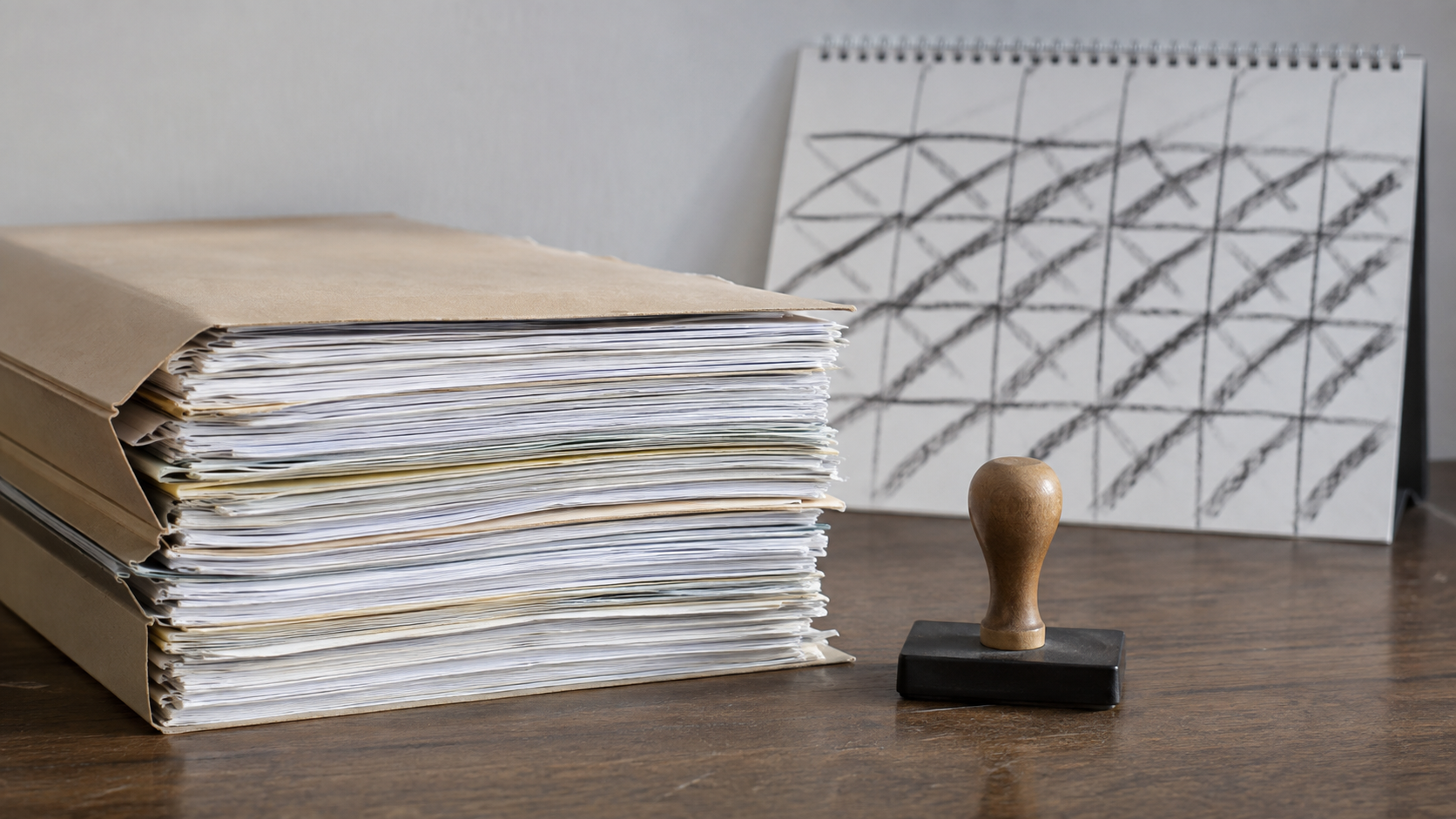 Dossier papier épais, calendrier mural aux mois barrés et tampon posés sur un bureau administratif, sans personne visible