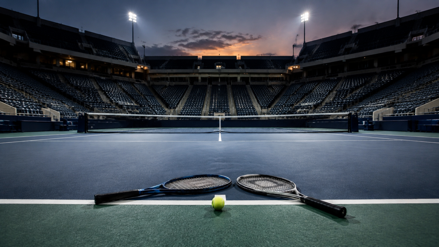 Court de tennis en dur éclairé au crépuscule dans un stade vide, deux raquettes et une balle posées sur la ligne de fond