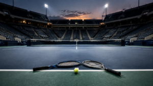 Court de tennis en dur éclairé au crépuscule dans un stade vide, deux raquettes et une balle posées sur la ligne de fond