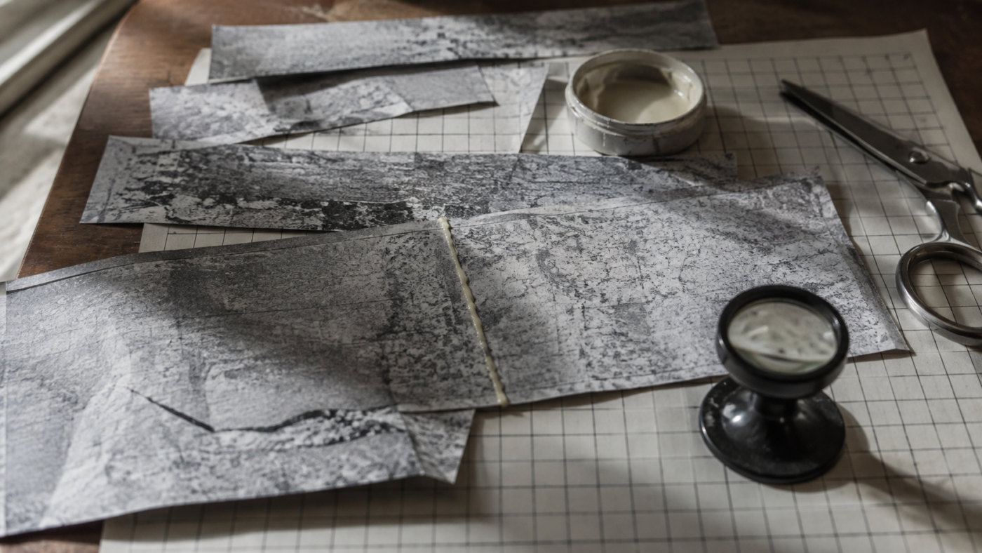 Bureau de normalisation des années 1970 : bandes de papier découpées, ciseaux, pot de colle et loupe posés sur une feuille de catalogage quadrillée.