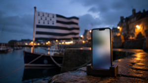 Smartphone posé sur un quai de port breton au crépuscule, écran illisible, drapeau à bandes noires et blanches et hermines flottant à côté.