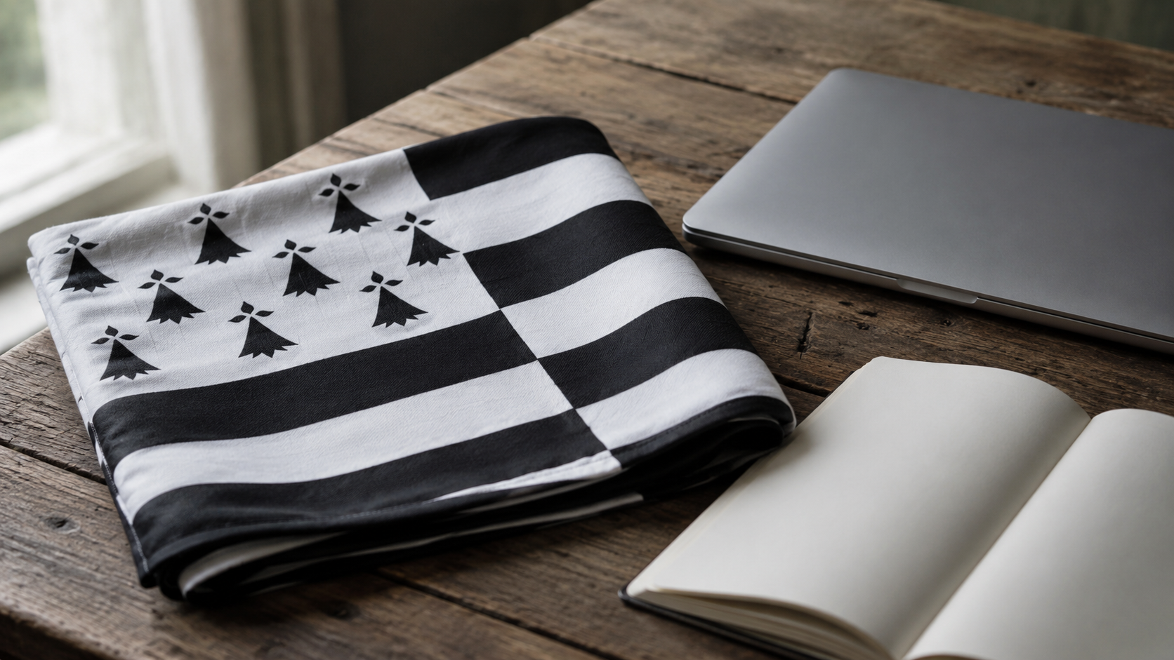 Un drapeau à rayures noires et blanches plié sur une table en bois, à côté d’un ordinateur portable fermé et d’un carnet ouvert.
