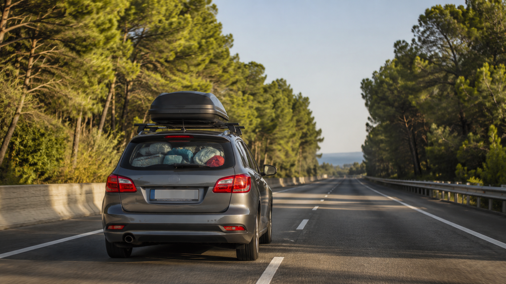 Voiture compacte chargée pour les vacances roulant sur une autoroute bordée de pins, vue de l'arrière