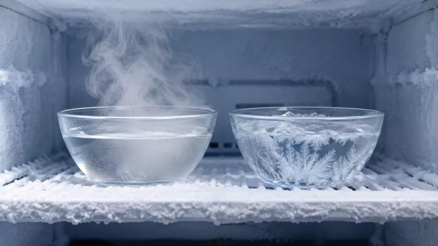 Deux bols d’eau identiques côte à côte dans un congélateur givré, l’un fumant encore, des cristaux de glace en formation