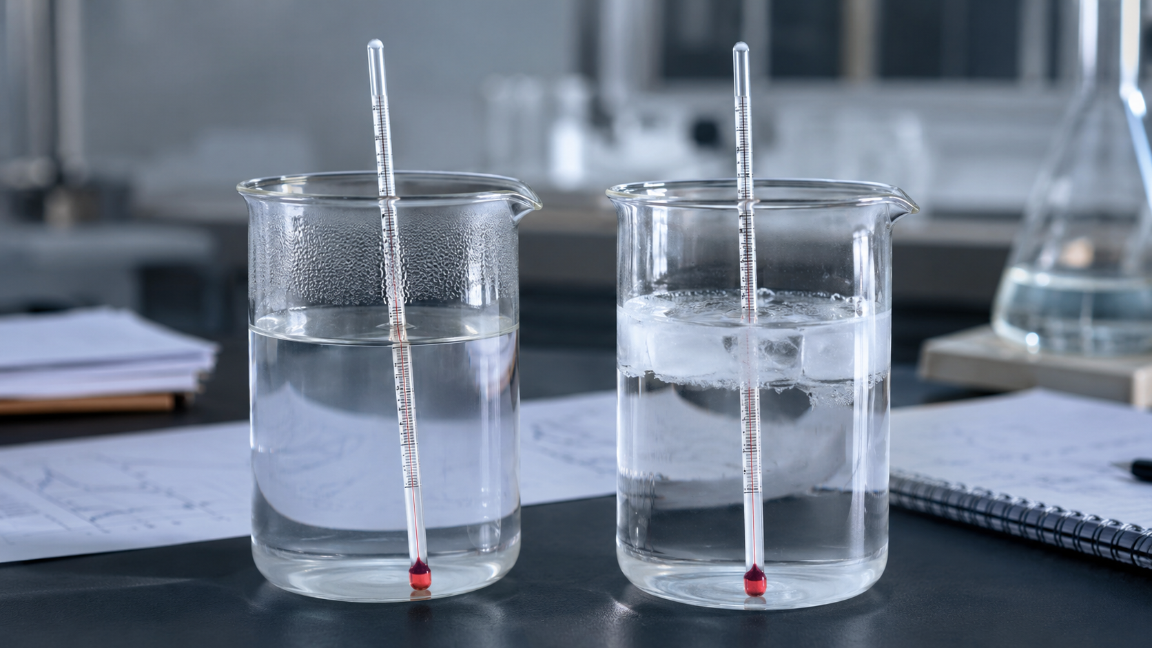 Deux béchers d’eau munis de thermomètres sur une paillasse de laboratoire, feuilles de calculs à l’arrière-plan