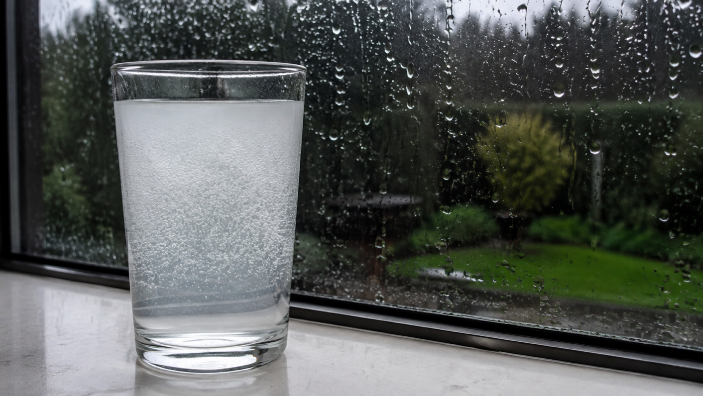 Verre d’eau du robinet à l’aspect laiteux posé sur un plan de travail clair, devant une fenêtre couverte de pluie.