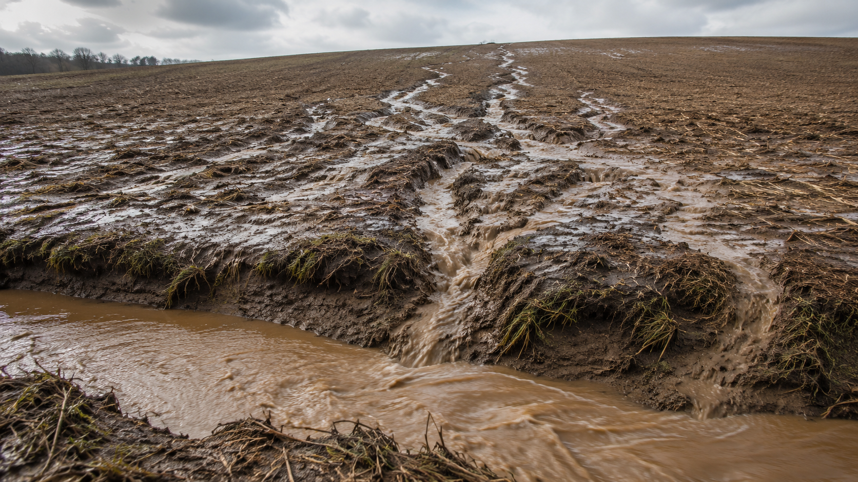 Eau de pluie boueuse dévalant un champ nu vers un fossé, avec des rigoles creusées dans la terre.