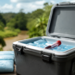 Tube d'échantillon biologique scellé dans une glacière portable ouverte sur une table en bois, verdure tropicale floue au fond