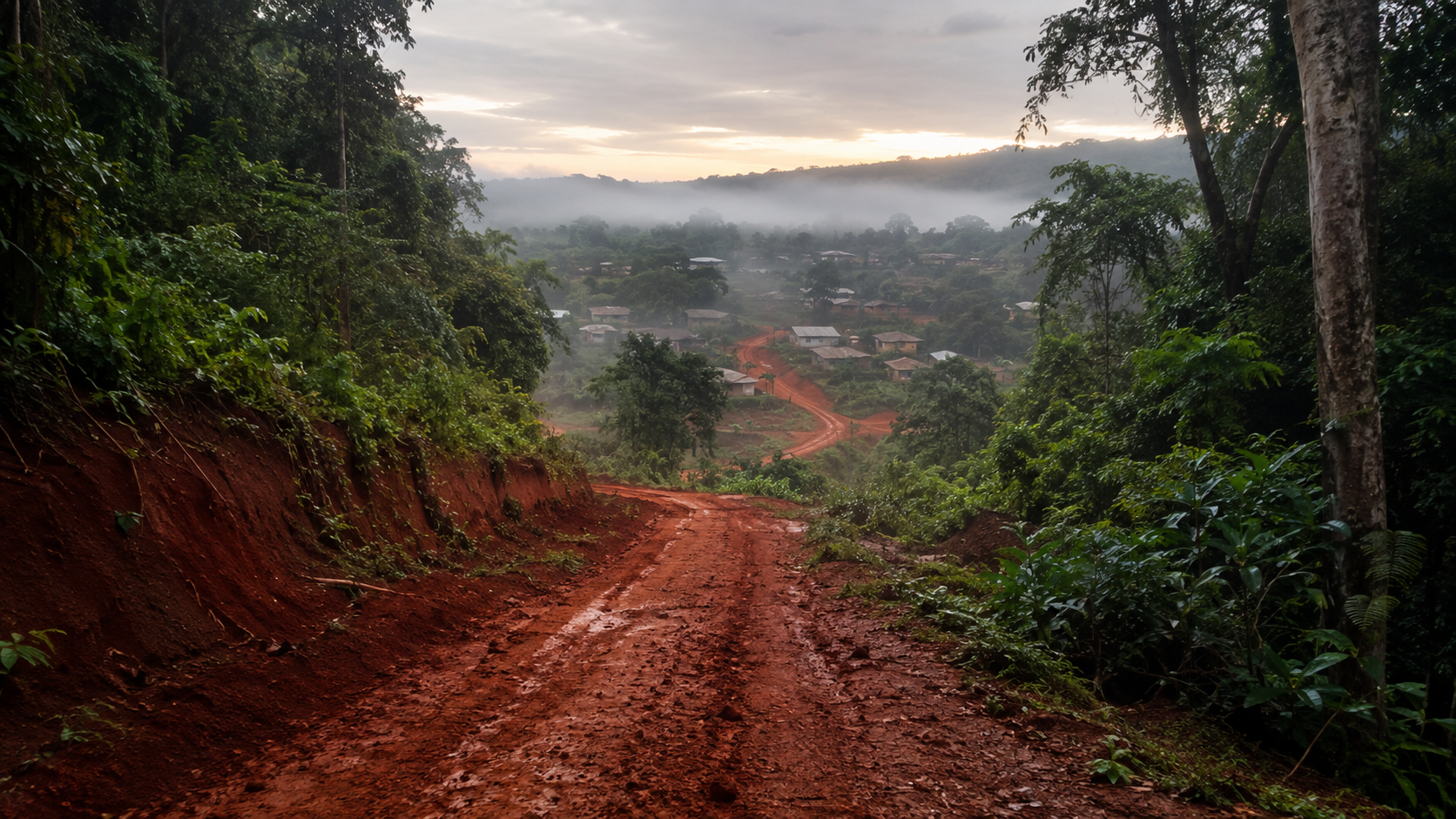 Piste de latérite rouge en lisière de forêt tropicale près d'un petit bourg minier à l'aube, brume basse et maisons au loin