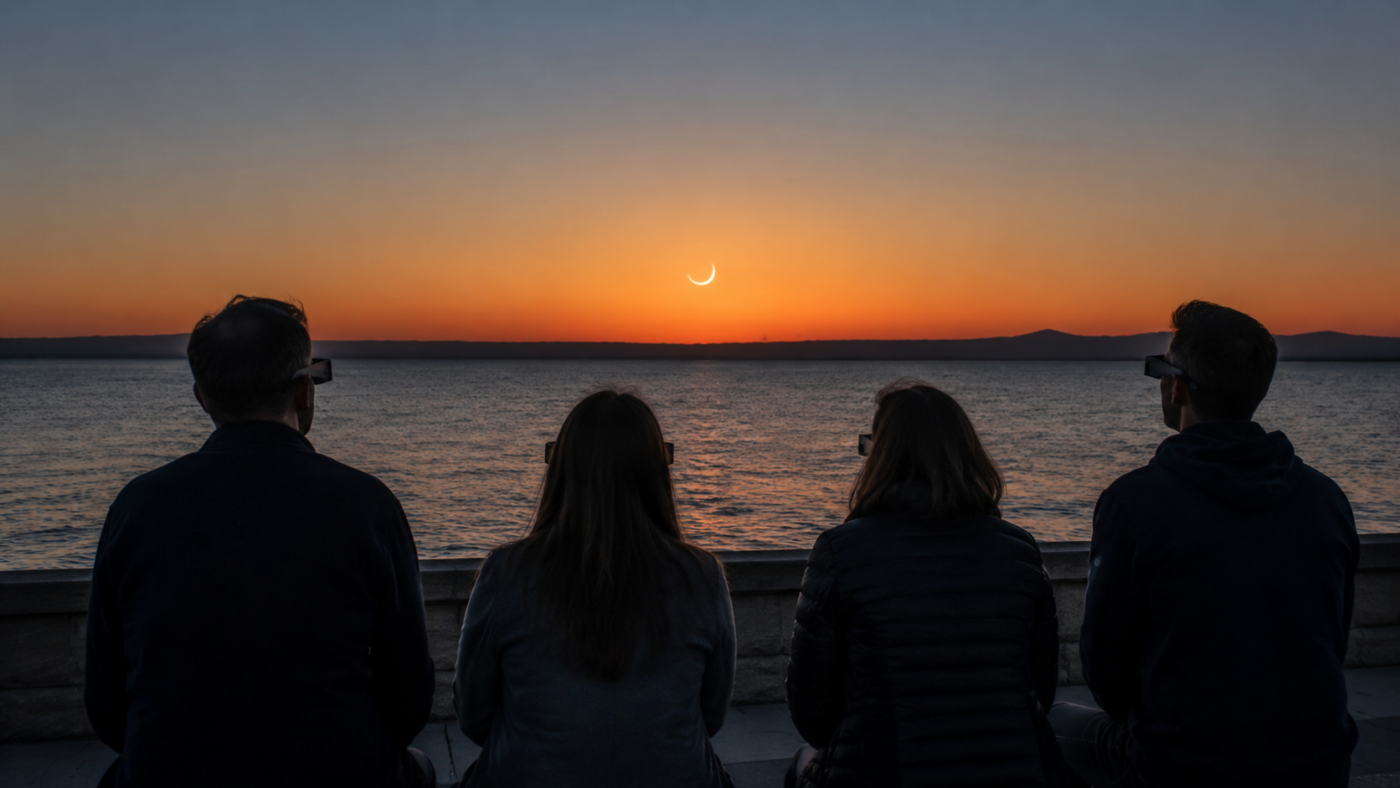Petit groupe de personnes vues de dos sur un front de mer au crépuscule, lunettes d’éclipse sur les yeux, face à un soleil réduit à un mince croissant.