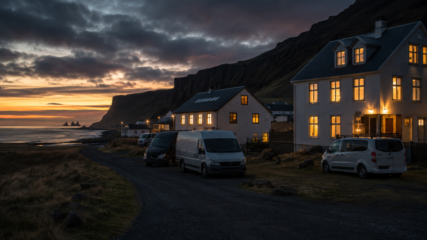 Village côtier islandais au crépuscule, fenêtres d'hôtel éclairées et vans garés le long d'une route de gravier sous un ciel assombri