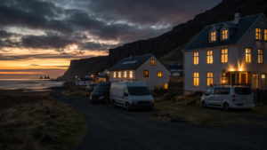 Village côtier islandais au crépuscule, fenêtres d'hôtel éclairées et vans garés le long d'une route de gravier sous un ciel assombri