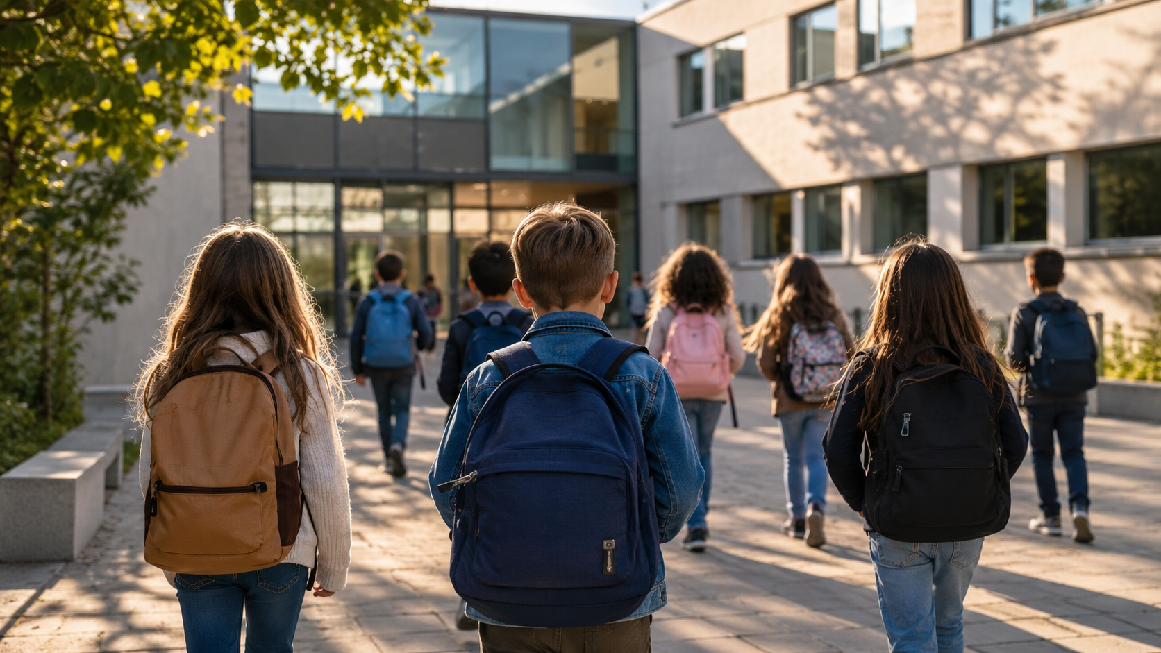 Des enfants de dos, cartable sur le dos, marchent vers un bâtiment scolaire ensoleillé.