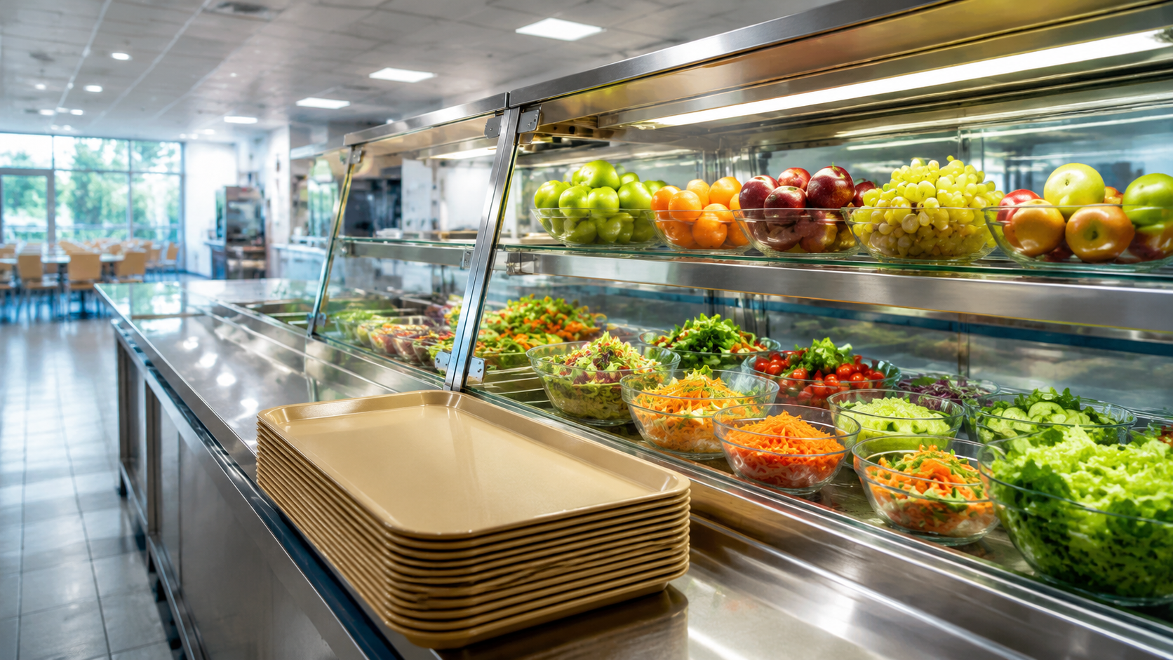 Ligne de self d'une cantine scolaire vide, comptoir en inox, plateaux empilés et vitrine réfrigérée garnie de salades et de fruits, sans personne.